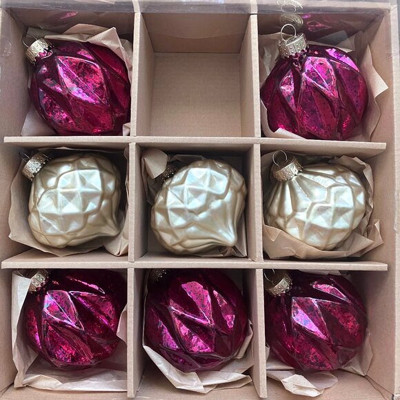 8 Set Glass Christmas Ornaments Gold Purple Magenta Pink Balls Onions Mercury - Picture 1 of 6